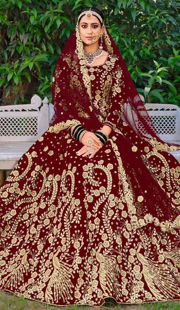 Maroon Color Embroidery Heavy Velvet Bridal Wear Women Lehenga 6535170394 Heena Style