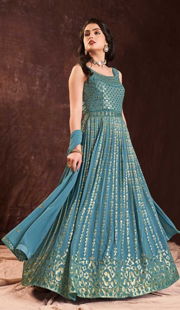 Blue Color Designer Party Wear Georgette Sequence Work Gown With Dupatta 6998173732