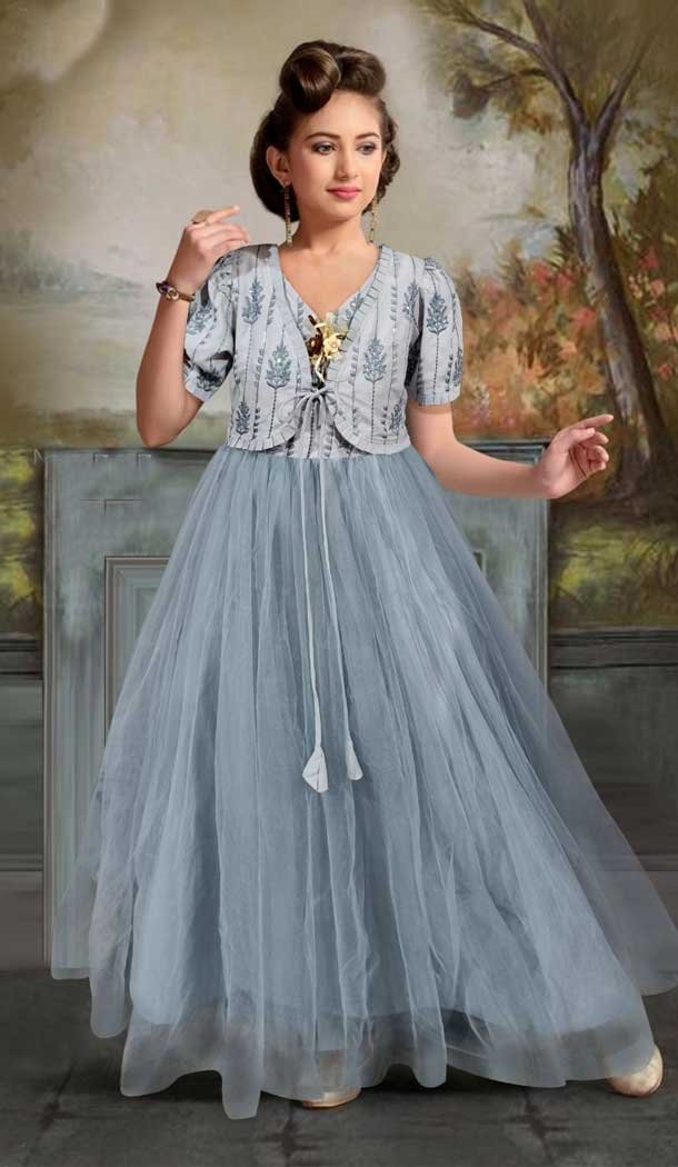 Grey Color Soft Net Sequence Work Function Wear Designer Girl s Gown 7113174367