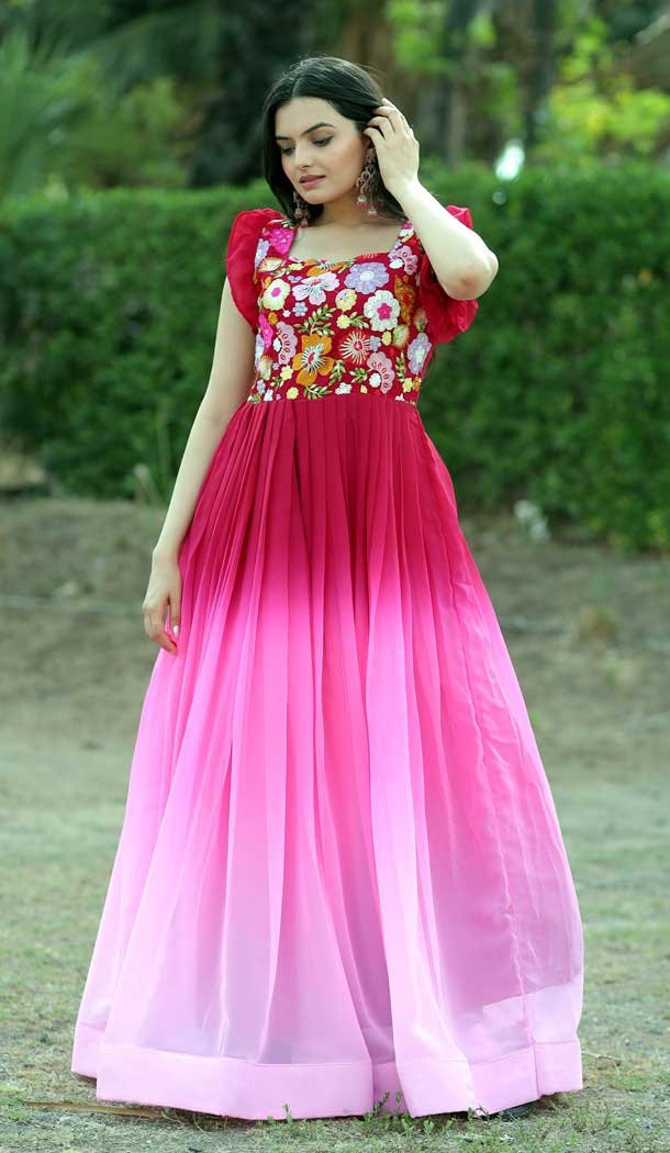 Pink Gown Indian Designer Wedding Gown Rady to Wear Partywear Bandhani Printed Gown Readymade Fancy Gown Lehenga Suit sale Indian Velvet Dress