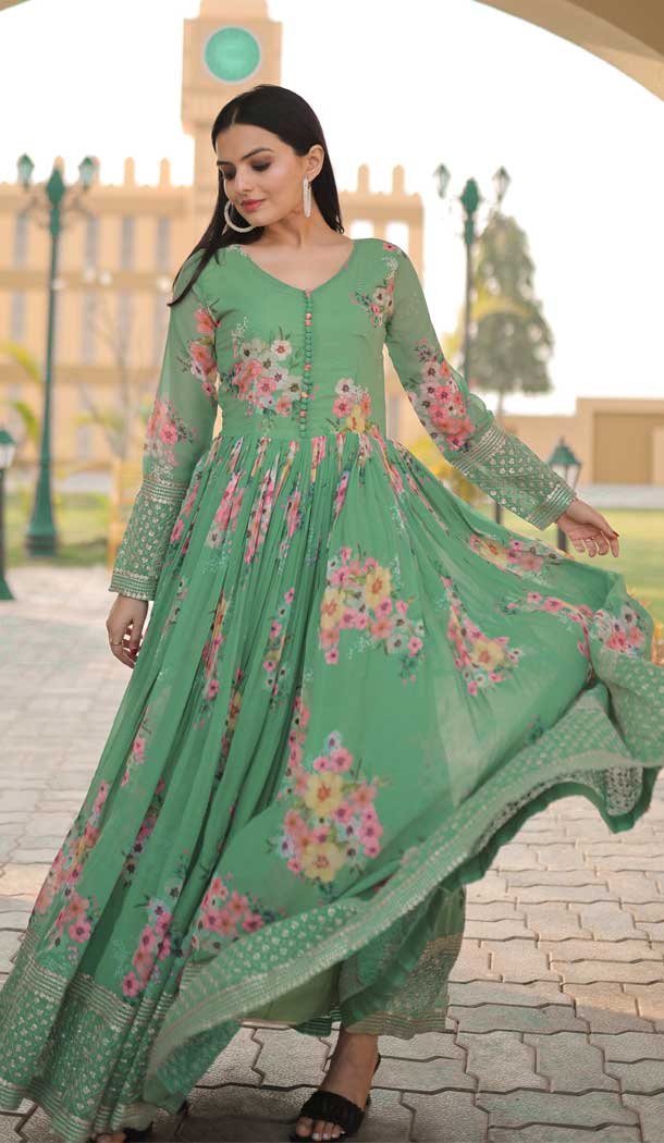 Yellow Pink Green Gown Indian Designer Wedding Gown Rady to Wear Partywear Printed Gown Readymade shipping Fancy Gown Lehenga Suit Indian Dress