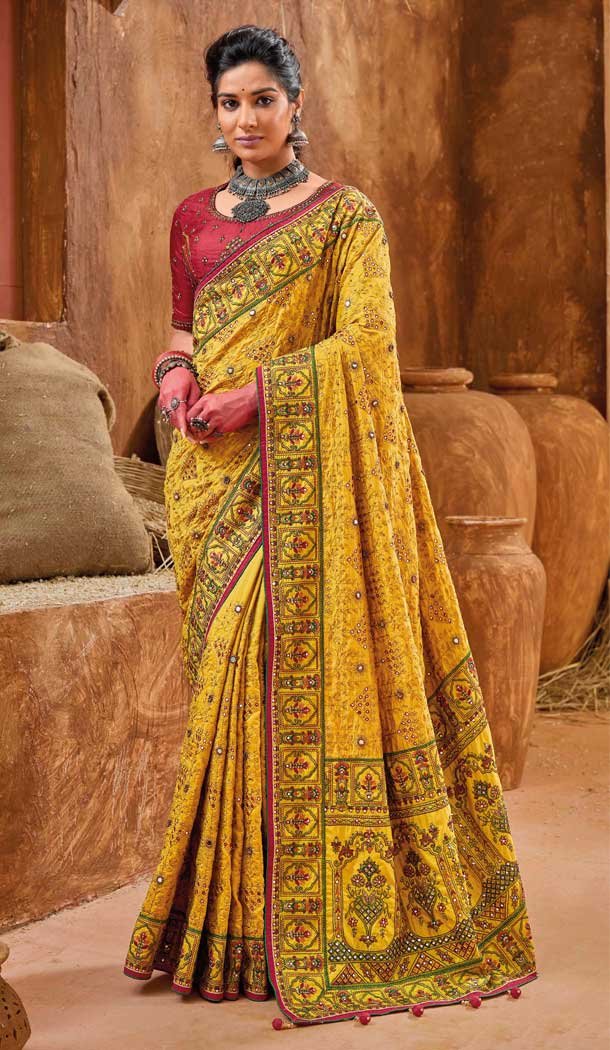 Yellow Durga Puja Pure Chiffon khadi Georgette Saree Banarasi Border Saree With Blouse Women wedding Wear Party 2024 Wear Sari bridal wear Indian