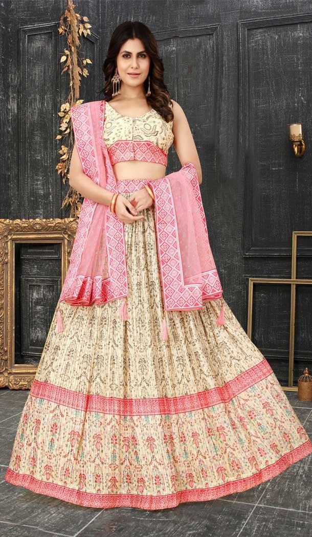 Function Wear Silk with Digital Print Work Designer Lehenga Choli in Cream Color 7815178