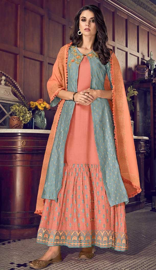 Heenastyle Party Wear Pure Art Silk Embroidered Plus Size Ready to Ship Salwar Kameez in Peach 0015004