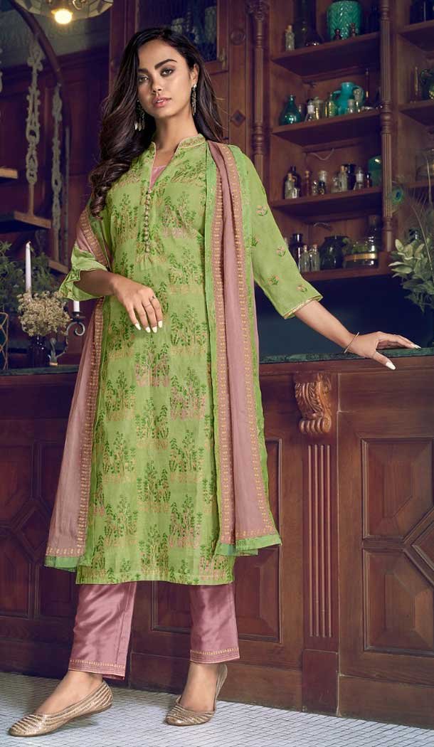 Party Wear Pure Art Silk Embroidered Plus Size Ready To Ship Salwar Kameez In Olive Green - 0015010