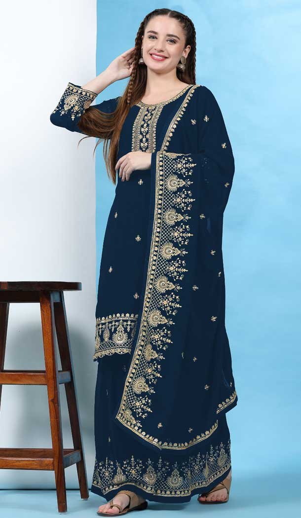 Wedding Style Brown Sequence Work Sarara Salwar Kameez with Embroidery Navy Blue popular Dupatta