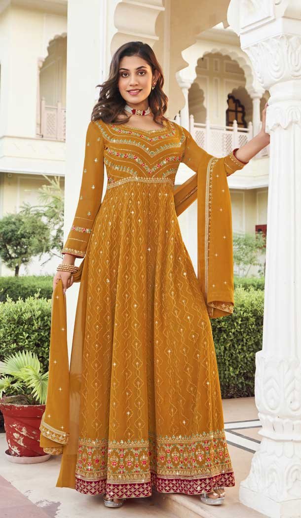 Heenastyle Designer Georgette Embroidery Work Readymade Party Wear Salwar Suit in Mustard Color 7965179392