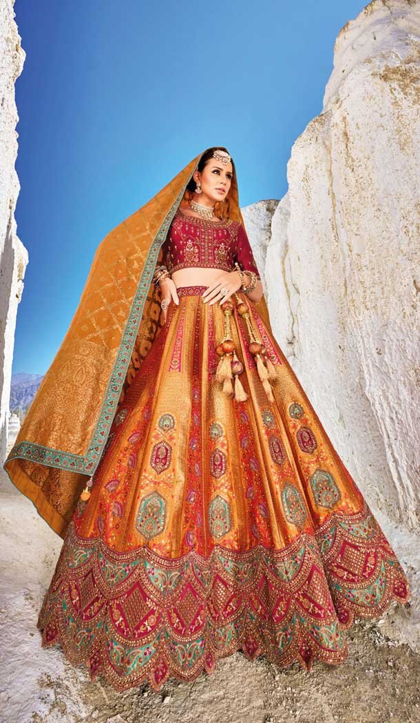 Traditional Wedding Wear Orange Jacquard Work Banarasi Silk Lehenga Choli 7970179427