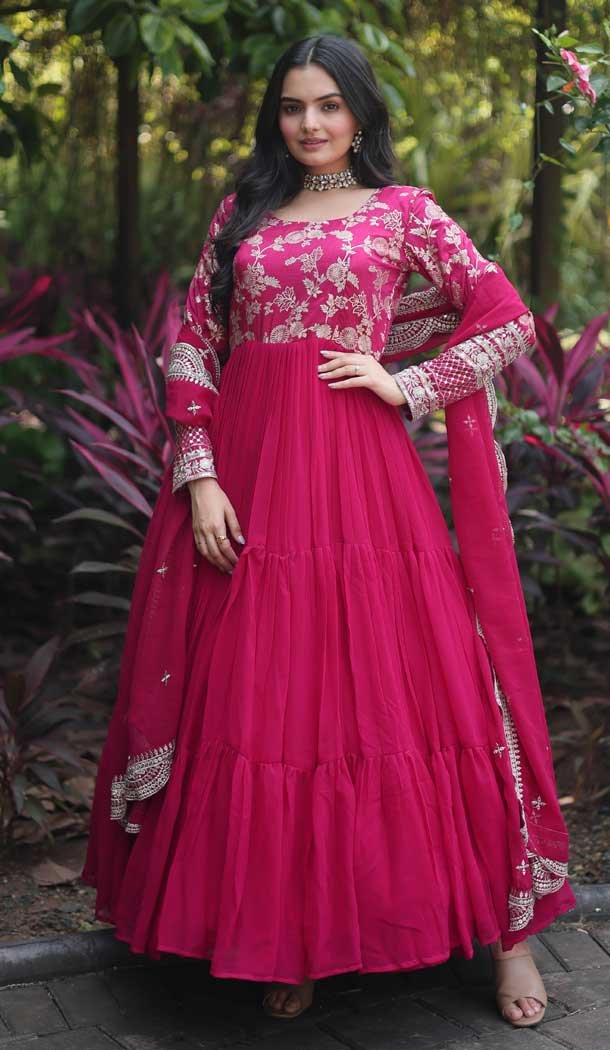 Attractive Pink store and Red Georgette With Heavy Embroidery Gown with Dupatta Bridensmind Dresses For Women Party Wear Gown For Woman, Wedding