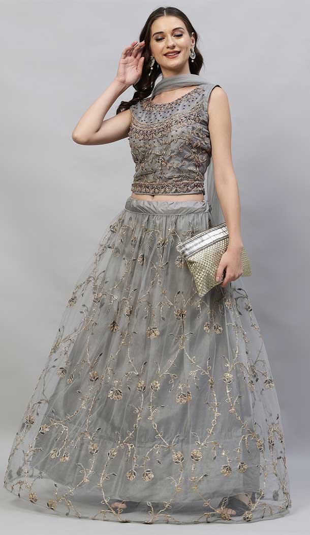 Grey Zari Embroidered fashion Net Party Wear Lehenga Choli