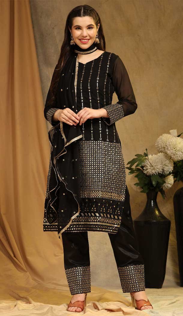 Traditional Black Faux Georgette Casual ...