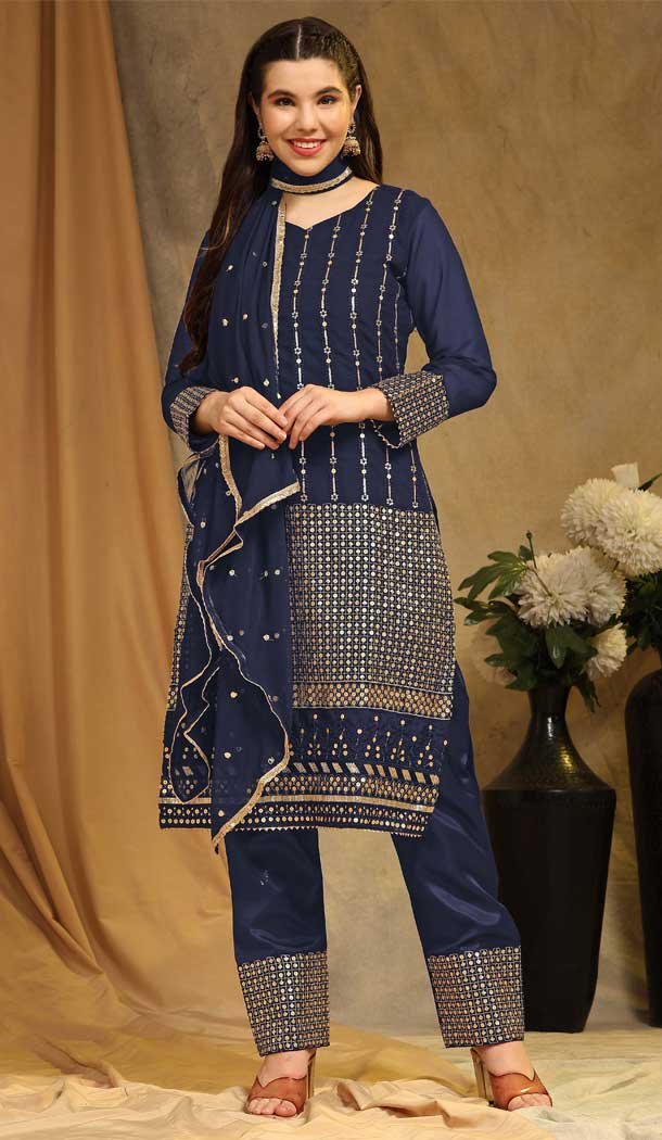 Traditional Blue Faux Georgette Casual ...