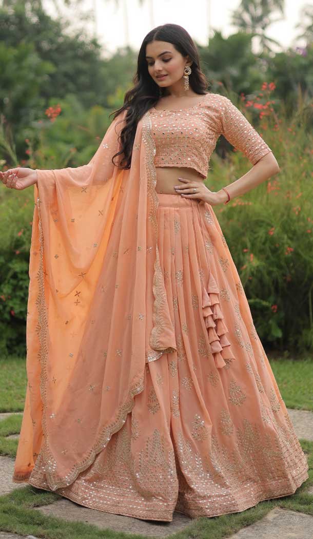 Peach color popular Designer Satin Silk Lehenga Choli Wedding Wear Lehenga Choli Party Wear Fancy Lehenga Function Wear Lehenga for Reception wear