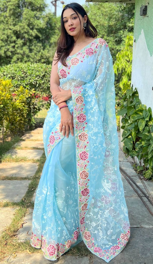 Sky Organza Saree Embroidery And Pari Hand Work With Blouse Festival/Function/Party outlet Were/Birthday/Anniversary/For Woman/For Her/For Wife.