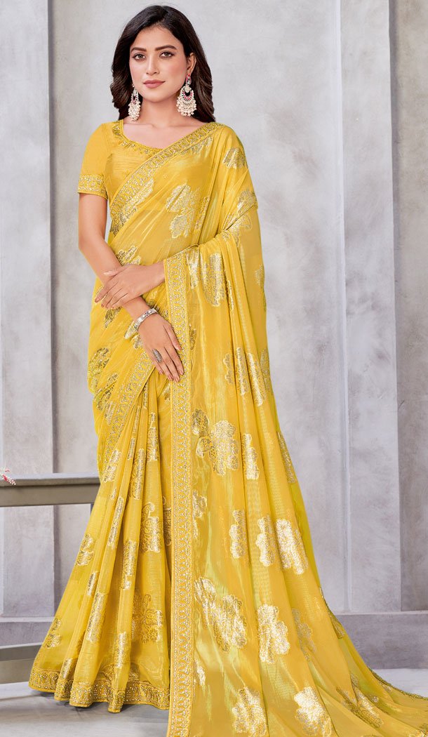 Weaving Work Georgette Yellow Party Wear Saree - 8421182321 - Heena Style