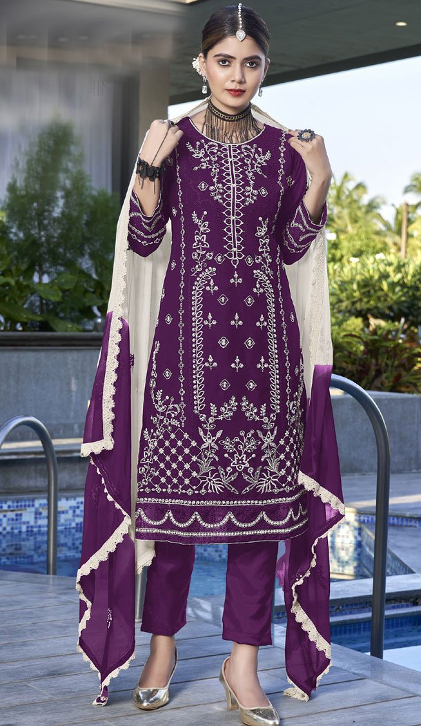 Purple Heavy top Embroidery Churidar Suit/Party Wear Anarkali Salwar Suits /Georgette Embroidery Work/Handmade Shalwar Kameez Dupatta pants suit