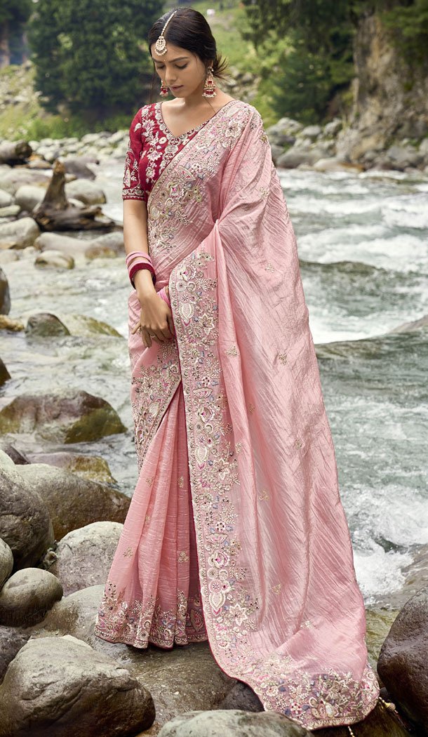 Light Pink Silk Embroidery Heavy Wedding Wear Indian Saree 8467182632 Heena Style