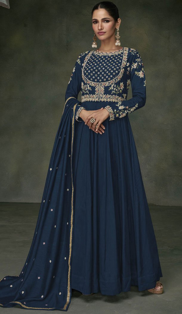 Heenastyle Premium Silk Embroidery Work Navy Blue Plus Size Anarkali Gown Dresses 8556183030