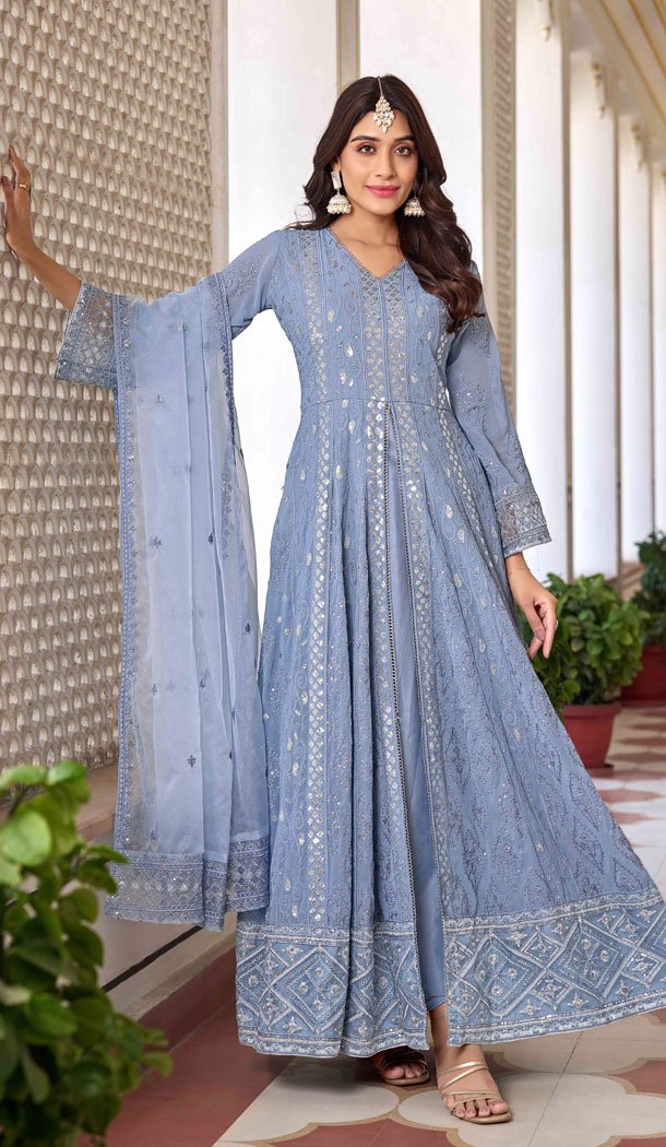 Pakistani Sky deals Blue Chiffon Suit, Fancy Threadwork and Sequins,Large