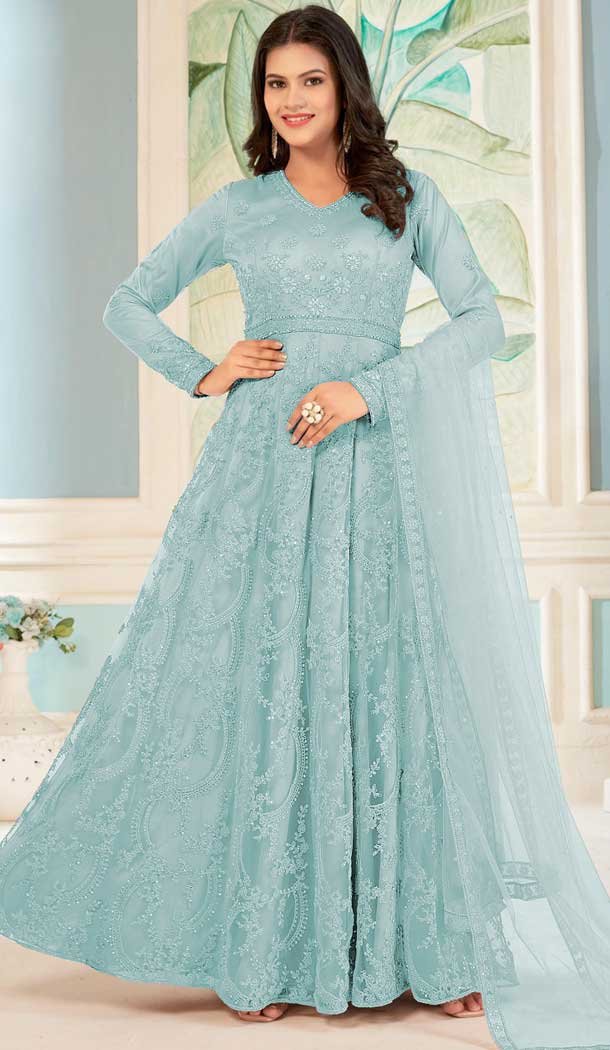 Pakistani Sky Blue outlet Chiffon Suit, Fancy Threadwork and Sequins,Large