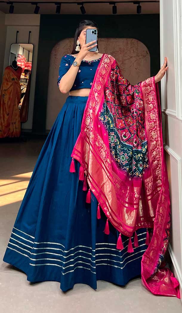 Pure Cotton Lace Border Work Navy Blue Color Plus Size Navratri Chaniya Choli 8902184715