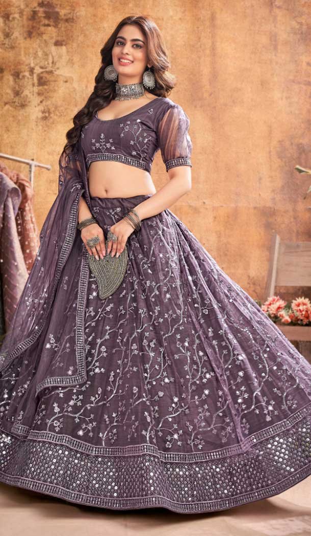 Outstanding lavender purple soft net base trendy lehenga choli Be part of the trendy bride squad in this gorgeous lavender store purple lehenga