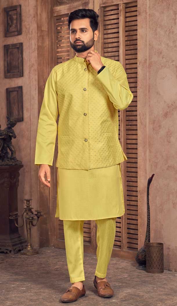 Indian Designer Yellow Kurta Pajama Mens store Wedding Royal Suits Plus Size Available