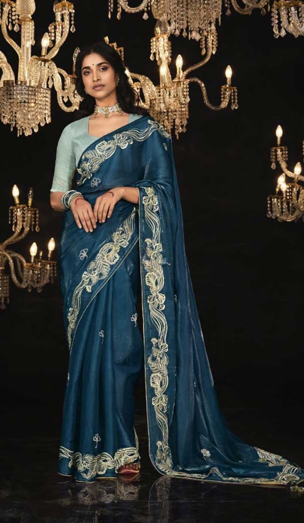 Blue handmade designer party wear saree for women traditional wedding saree exclusive bollywood ethnic sari outlet with blouse