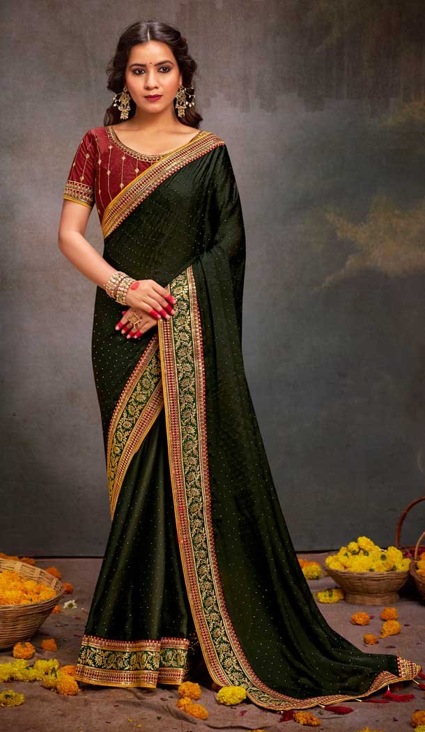 Dark Mehendi Green Satin Sequins Work Traditional Wear Plus Size Saree -  9371186916 - Heena Style