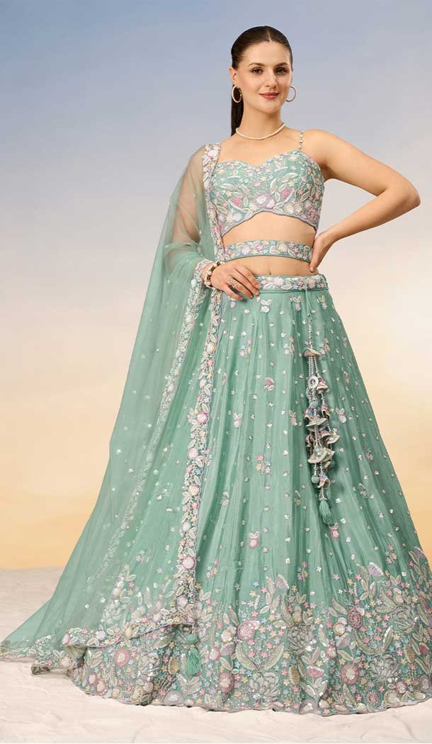 Sea Green Organza Silk Lehenga Choli with Mirror Work for Women, Indian Wedding Sangeet Mehendi Party wear Lehenga Ready to wear offers Lehengas