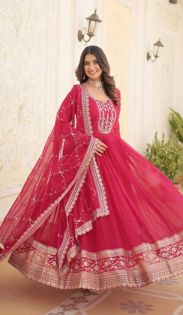 Pink Faux Georgette Gown Kurta With top Heavy Embroidery Work And Sequins Work With Butterfly Net Dupatta For Women, Pink Gown