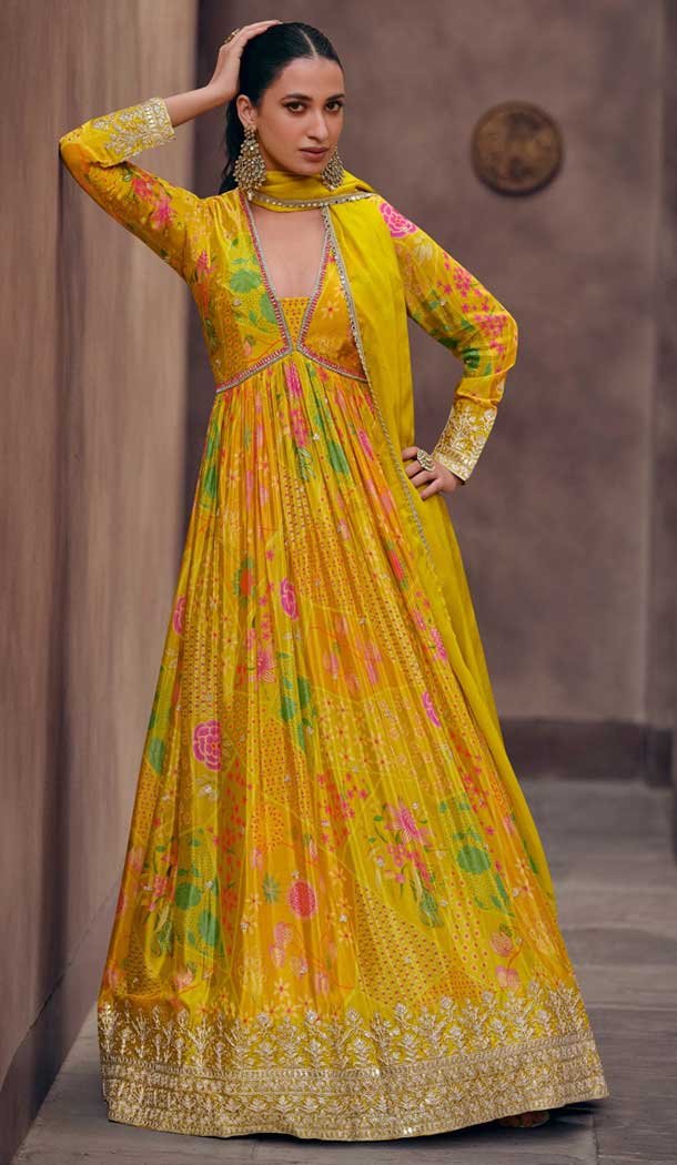 Indian Bollywood Designer deals Cotton Anarkali Yellow Kurti And Pant With Dupatta Set Dress.Special For Women/Girls.Express Shipping In USA/UK