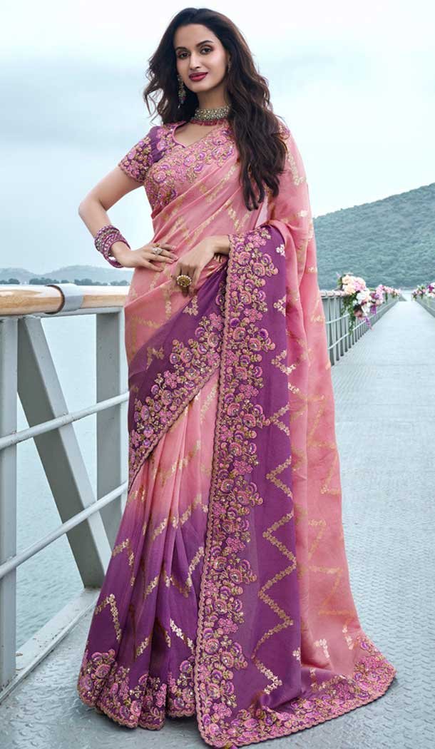 On sale Pink hand embroidered organza silk saree| high quality silk saree| designer wedding party saree