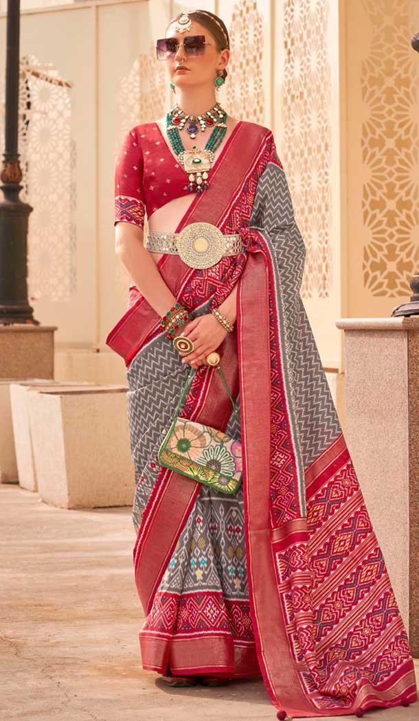 Silk Patola Printed Traditional Party Wear Saree in Grey 147871863