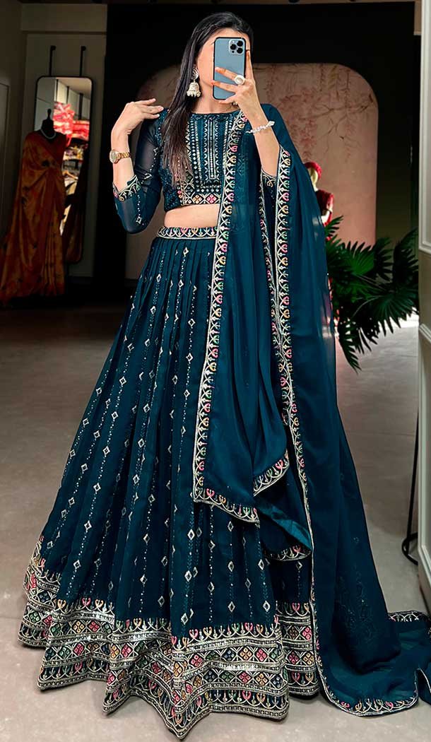 Georgette Sequins Work Party Wear Lehenga Choli in Navy Blue 9706188950