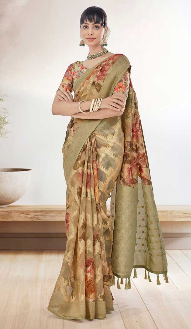 Trendy Designer Pure Khadi Organza Silk Saree/Indian Wedding-party wear saree/saree with Digital Print shops With Cut Work Border D345