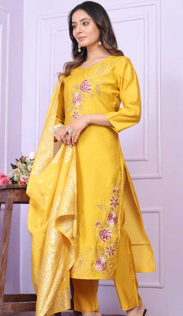 Contemporary Ethnic Yellow Churidar Suit with Digital Print and 2024 Chikankari Inspired Embroidery for Casual/Party/Desi Events, Wide Dupatta