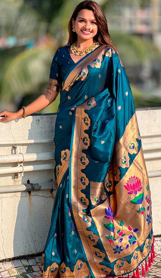 Blue Paithani Silk Saree With Beautiful buy Pallu And Jacquard Work With Silk Blouse For Women , Valentines gift For Women ,Indian Party Saree