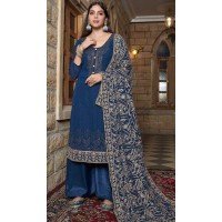 Georgette Embroidered Pakistani Style Palazzo Salwar Suit In Navy Blue - 10172192688