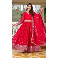 Red Fox Georgette Embroidered Party Wear Lehenga Choli - 10189192758