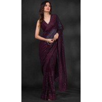 Georgette Sequins Work Party Wear Saree In Wine - 10197192785