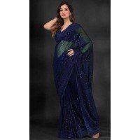 Georgette Sequins Work Party Wear Saree In Navy Blue - 10197192787