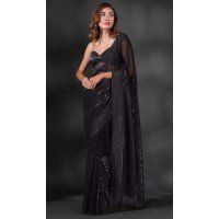 Georgette Sequins Work Party Wear Saree In Black - 10197192788