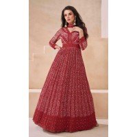 Georgette Embroidered Party Wear Readymade Gown In Maroon - 10217192850