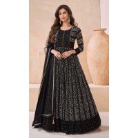 Georgette Embroidered Party Wear Readymade Gown In Black - 10217192851