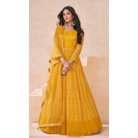 Georgette Embroidered Party Wear Readymade Gown In Yellow - 10217192852