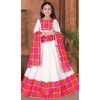 Chanderi Printed Work Readymade Kid's Wear Lehenga Choli In White - 10223192871