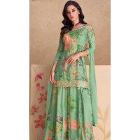 Sea Green Chinon Embroidered Party Wear Sharara Suit - 10252192996