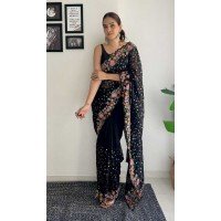 Black Georgette Sequins Work Party Wear Saree - 10254193006