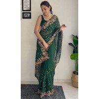 Dark Green Georgette Sequins Work Party Wear Saree - 10254193007